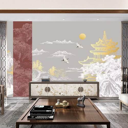 现代中式徽派建筑阁楼沙发背景墙壁纸古风茶室餐厅火锅店墙纸壁画