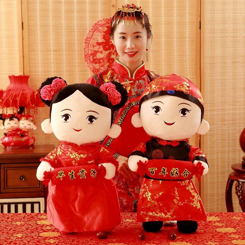 压床婚庆娃娃毛绒玩具情侣公仔一对洋娃娃婚房P喜庆抱枕结婚送礼