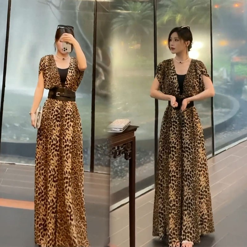 网红款时尚豹纹连体衣裤女2024夏季新款女人味T遮肉显瘦阔腿裤裙