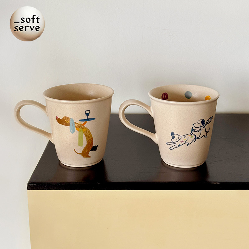 SoftServe柔软供应xFengdu彩色涂鸦小狗陶瓷马克杯咖啡搅拌勺礼盒