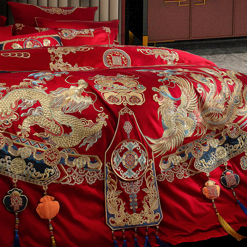 中式龙凤婚庆全棉刺绣结婚v四件套喜庆大红色被套婚房床上用品,床上用品,婚庆床品套件,淘宝优惠券,粉丝福利购,淘宝优惠卷