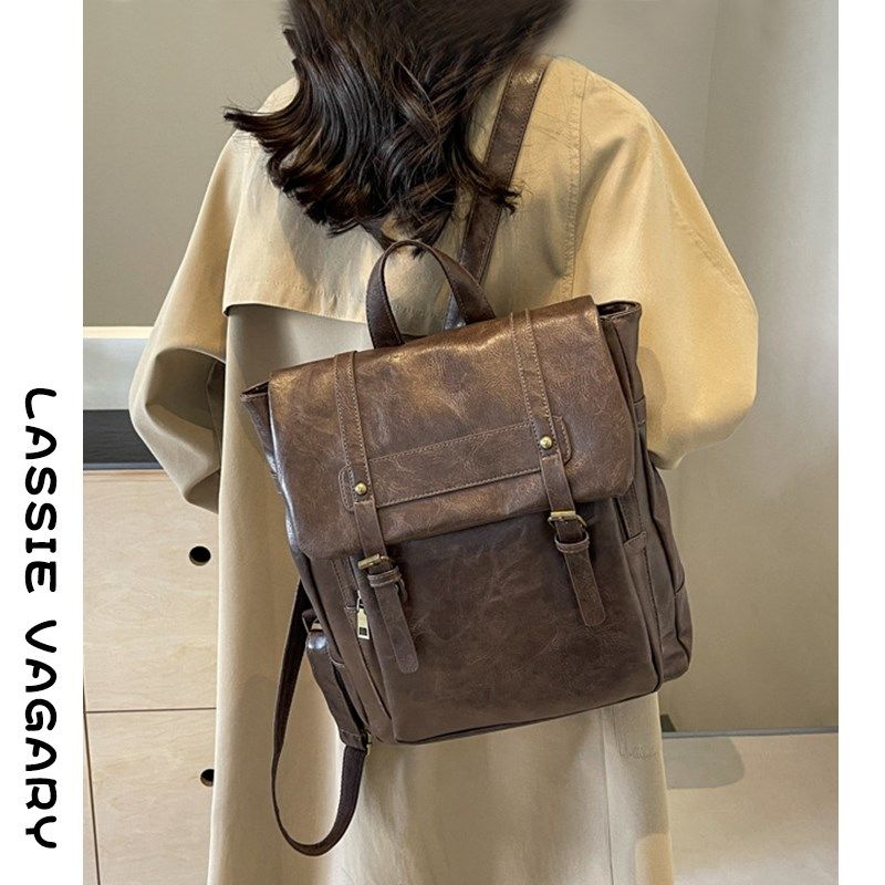 皮质双肩包2024新款时尚女士电脑大容量背包百搭设V计感小众女书
