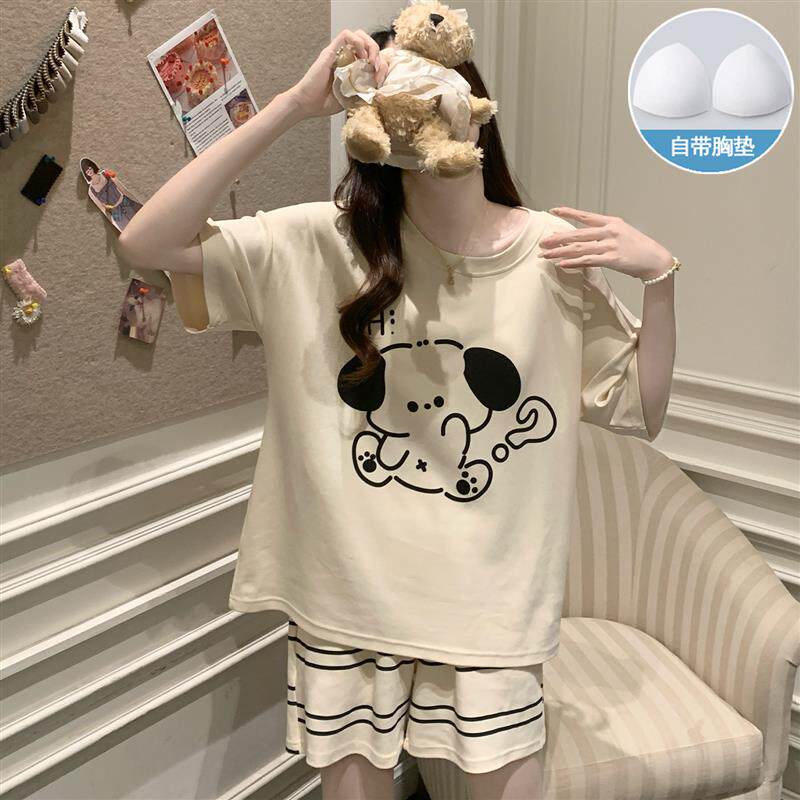 睡衣女款2025新款夏季带胸垫可爱波点短袖短裤夏天薄款家居服套装