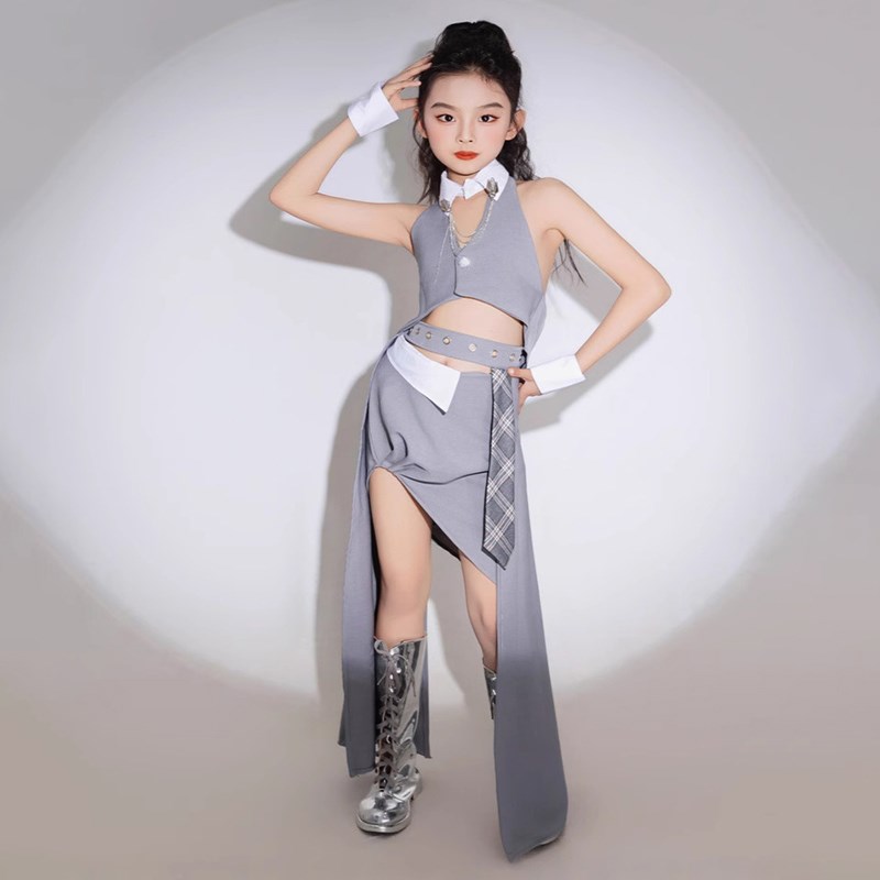 儿童灰色时尚拖尾演出套装女酷帅风AT台走秀服模特赛服PK小众潮服
