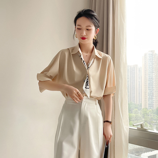 气质时尚 杏色衬衫 设计感小众高级感职H业装 夏季 洋气宽松衬 女中袖