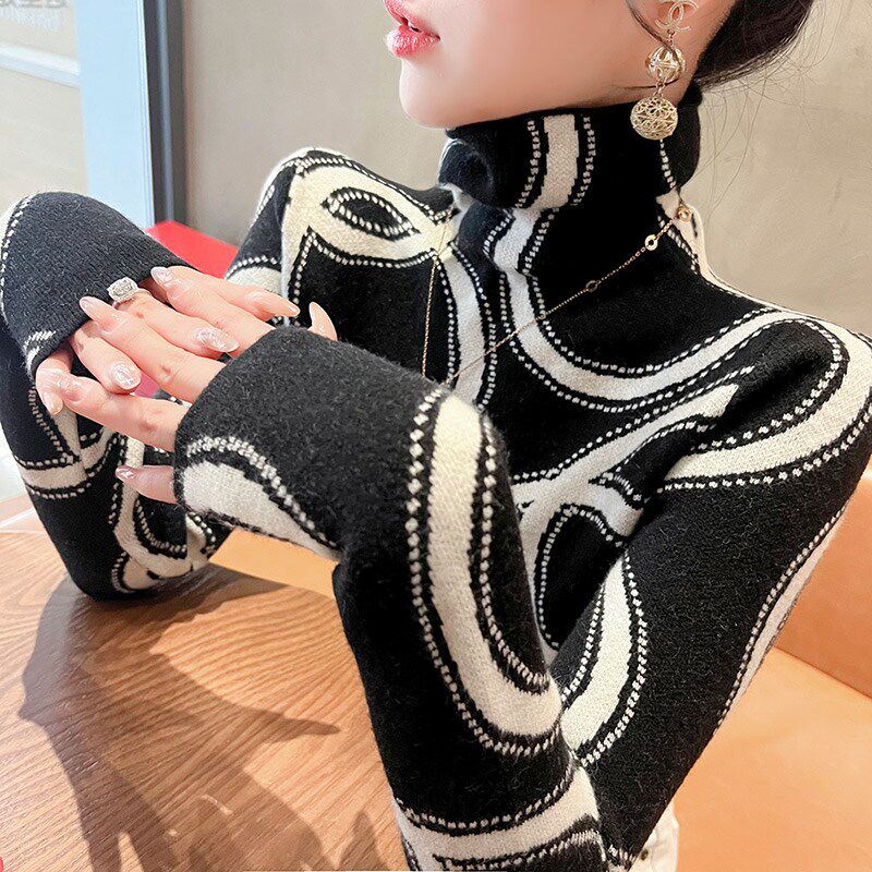 黑白高领毛衣女款2024新款冬季秋冬爆J款紧身加厚洋气打底衫内搭