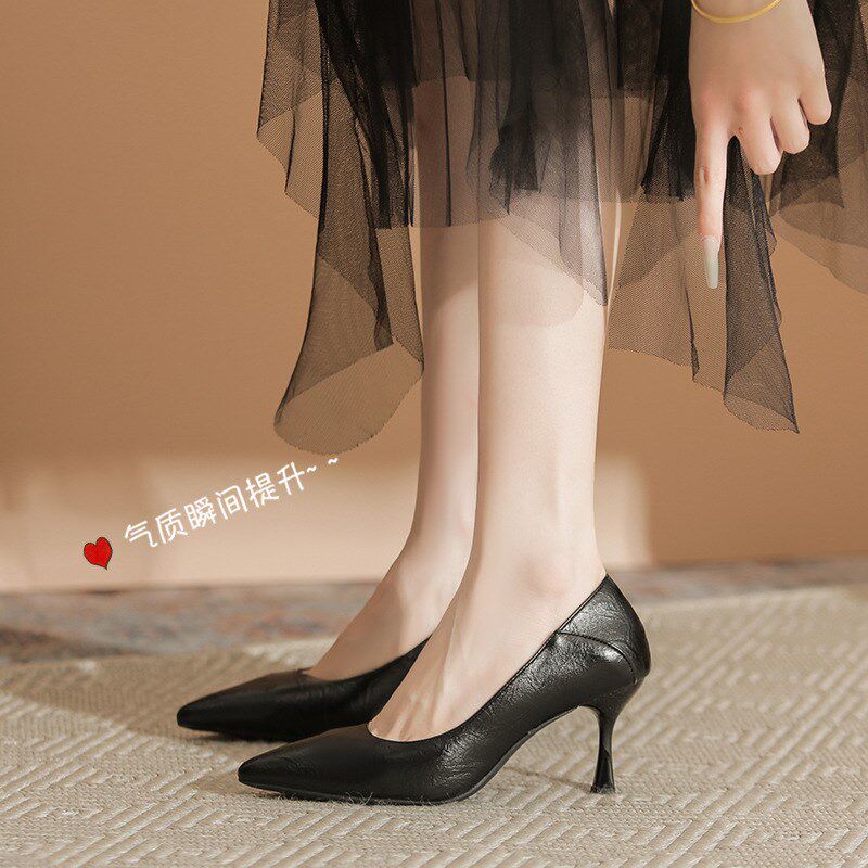 职业工作女鞋细跟软皮q尖头气质高跟鞋礼仪百搭久站不累脚黑色单