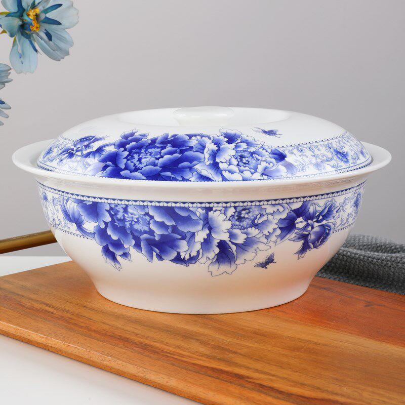 骨瓷汤锅9英寸带盖品锅家用x陶瓷大号汤碗菜碗釉下彩陶瓷青花餐具