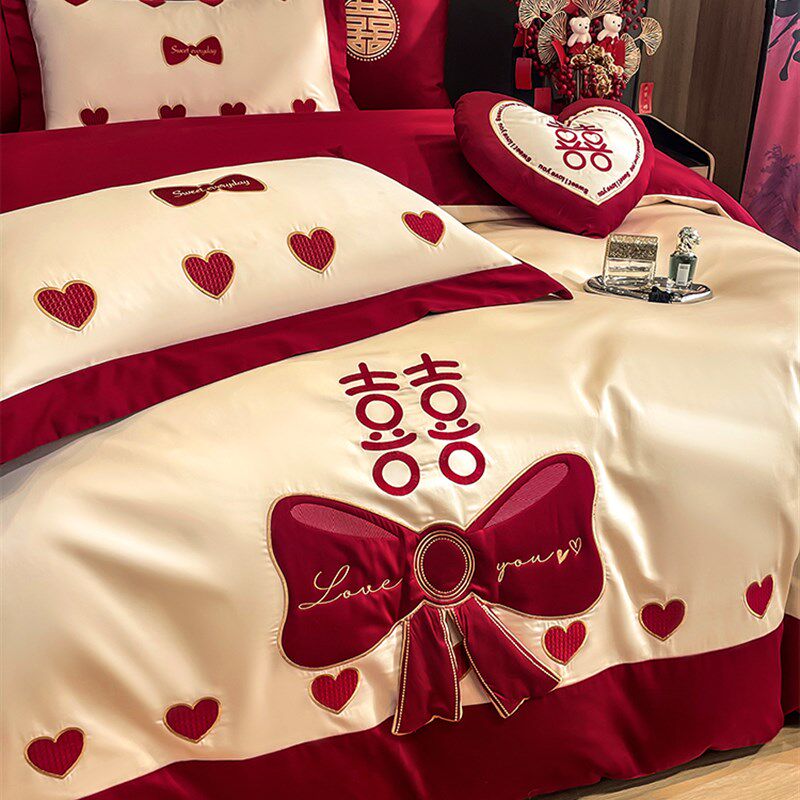 公主风结婚四件套新婚床上用v品全棉红色喜庆100支长绒棉抱枕六件,床上用品,婚庆床品套件,淘宝优惠券,粉丝福利购,淘宝优惠卷