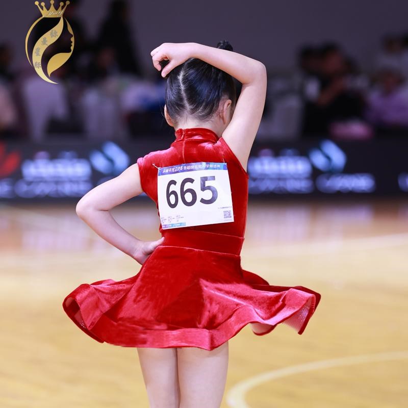 2025新款儿童拉o丁舞比赛服小高领夏季无袖丝绒套装女规定服