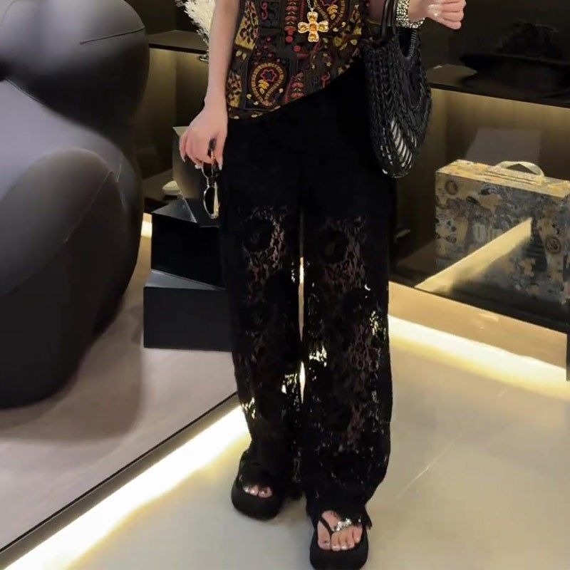 黑色时尚镂空印花阔腿裤女2025夏季新款高级感简Y约百搭直筒裤,女装/女士精品,大码裤装,淘宝优惠券,粉丝福利购,淘宝优惠卷