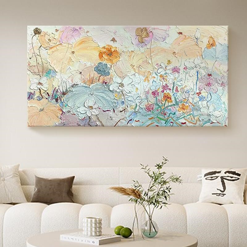 奶油风荷花手绘油画客厅装饰画玄关餐厅挂画抽象花卉厚肌理丙烯画