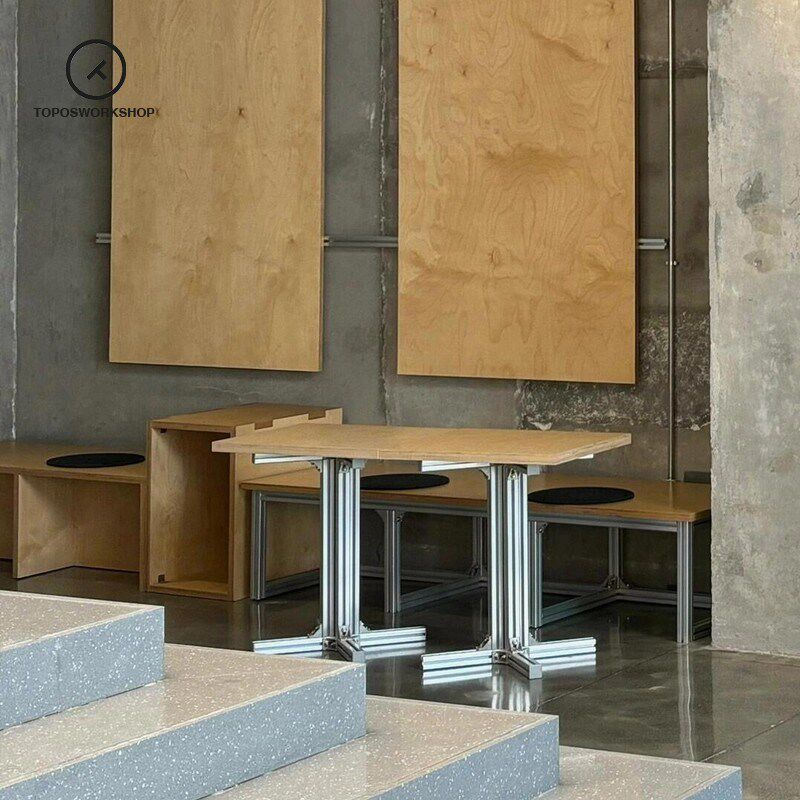 咖啡店韩系长桌桦木海洋板餐桌椅组合奶茶甜品店中古铝型材餐桌椅
