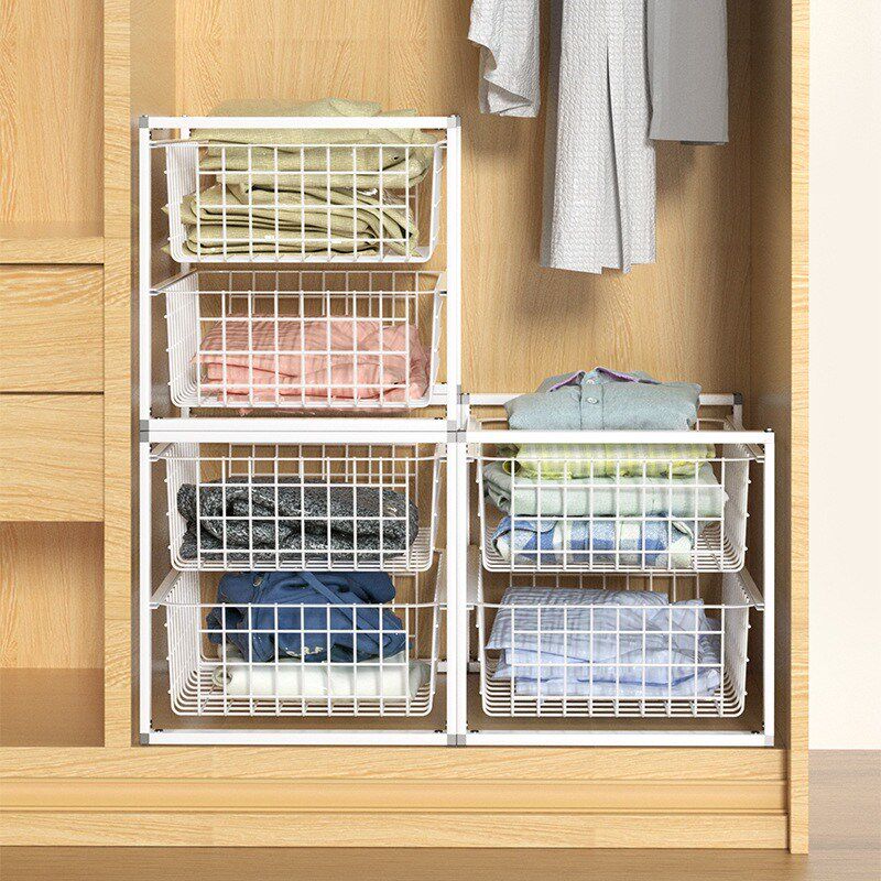 衣柜抽拉篮置物架橱柜收纳篮衣物整理筐抽拉式铁艺网格收纳框拉篮