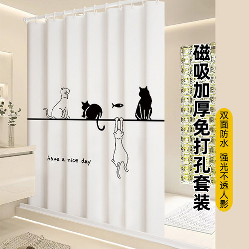 简约浴室隔断窗防水布加厚防霉化妆室拉帘挂M帘子小窗帘免打孔浴