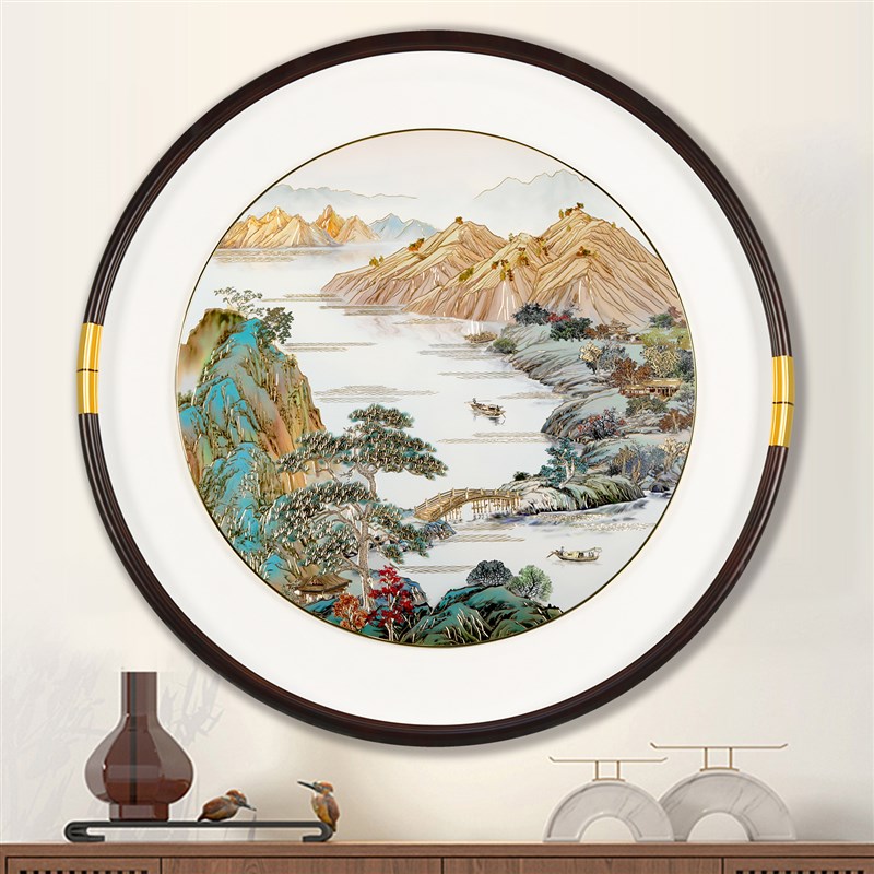 入户玄关圆形铜雕装饰画走廊楼梯过道壁画中式客厅餐厅手工灯光画图片