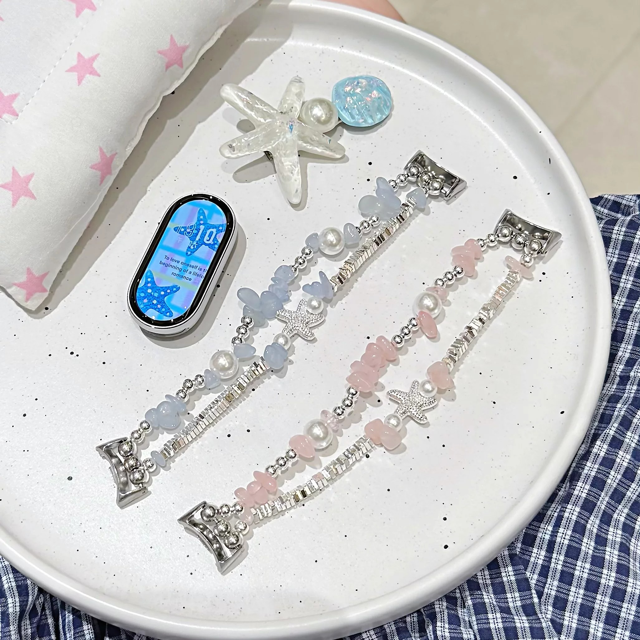 小米手环10蓝粉海星串珠弹力表带图片