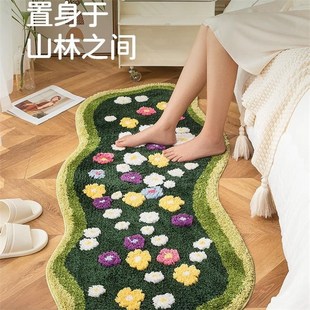森系可爱花花植绒地毯客厅沙发簇绒防滑绿地垫卧室苔藓床边毯 DDD