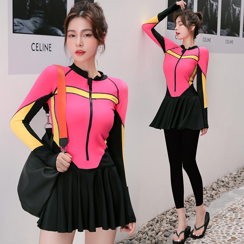 分体泳衣女裙式平角裤o潜水服长袖长裤防晒冲浪三件套潜水服泡温