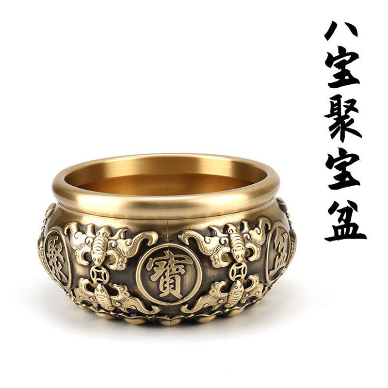 实心纯黄铜八福聚宝盆招财聚财客厅玄关中式装饰摆件铜制存钱罐,家居饰品,桌面摆件,淘宝优惠券,粉丝福利购,淘宝优惠卷