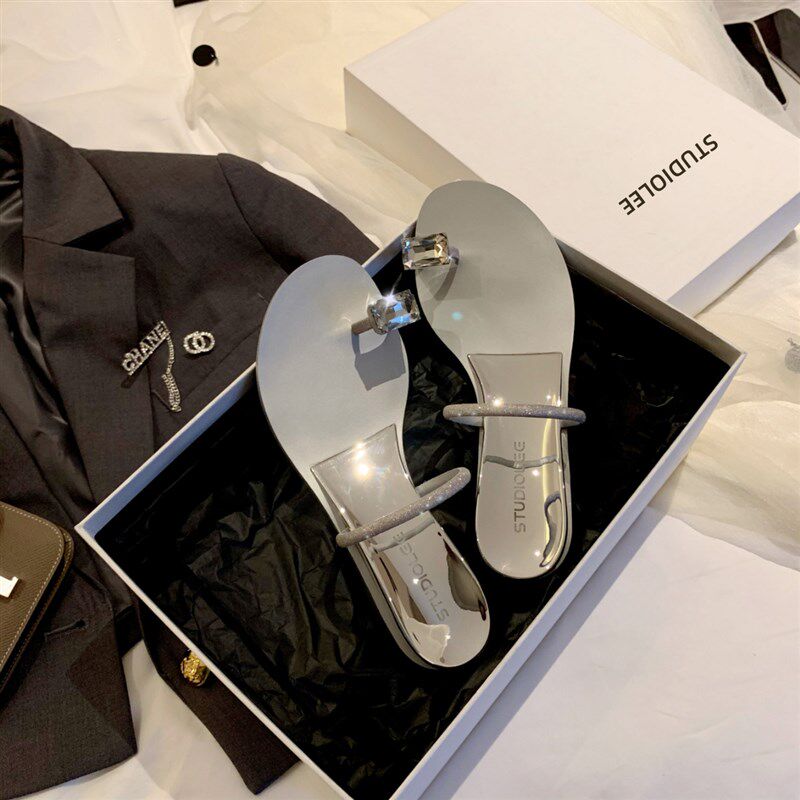 网红鸽子c蛋夹趾凉拖鞋女夏外穿2021新款凉鞋水钻内增高平底拖鞋