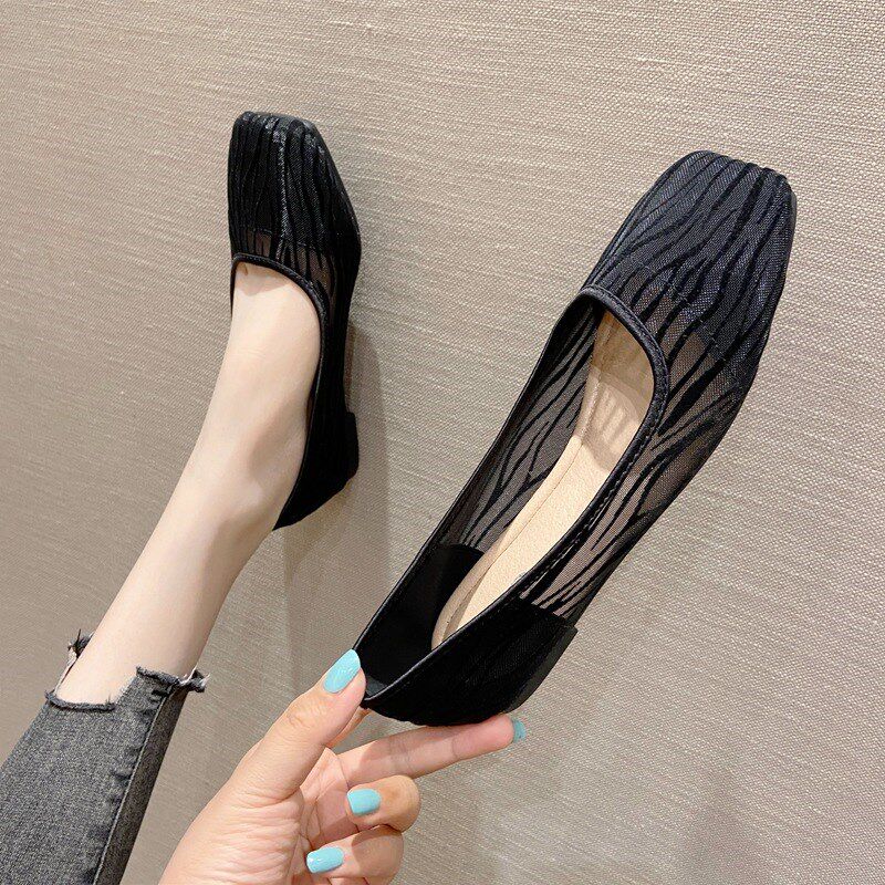 仙女风包头凉鞋女夏2024年新款波纹网H纱平底工作鞋女黑色透气单
