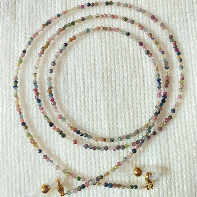 天然糖果碧玺眼镜链女时尚精致2mm圆珠锁骨项链百搭眼镜耳机配饰