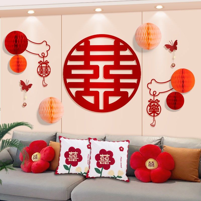 男方婚房高级感新房卧室客厅婚礼拉花布置结婚电视背景墙装饰套装