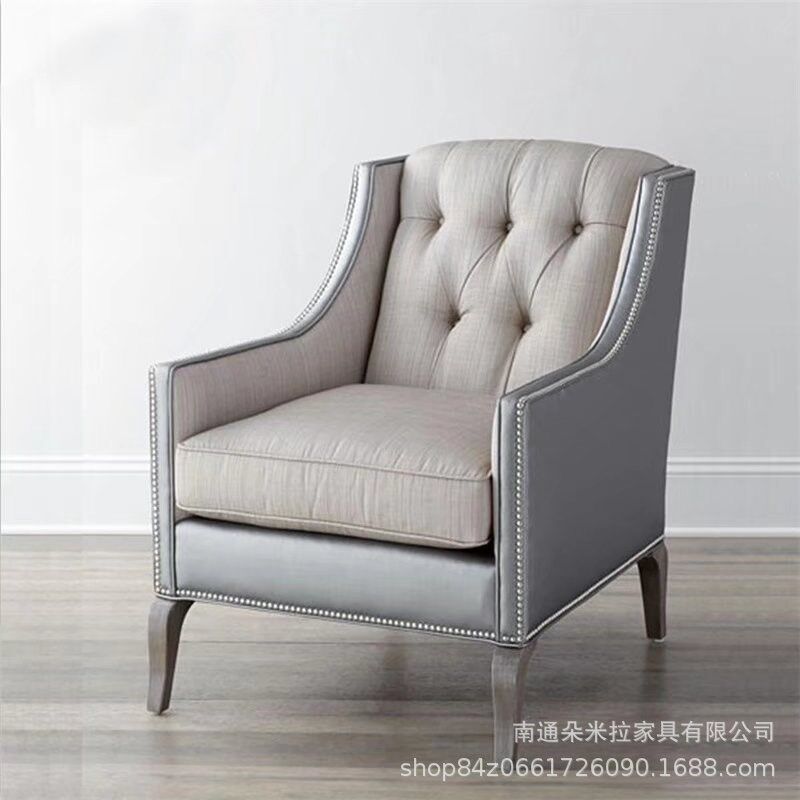 欧式实木沙发椅美式乡村布艺单人铆钉休闲椅小户型老虎凳