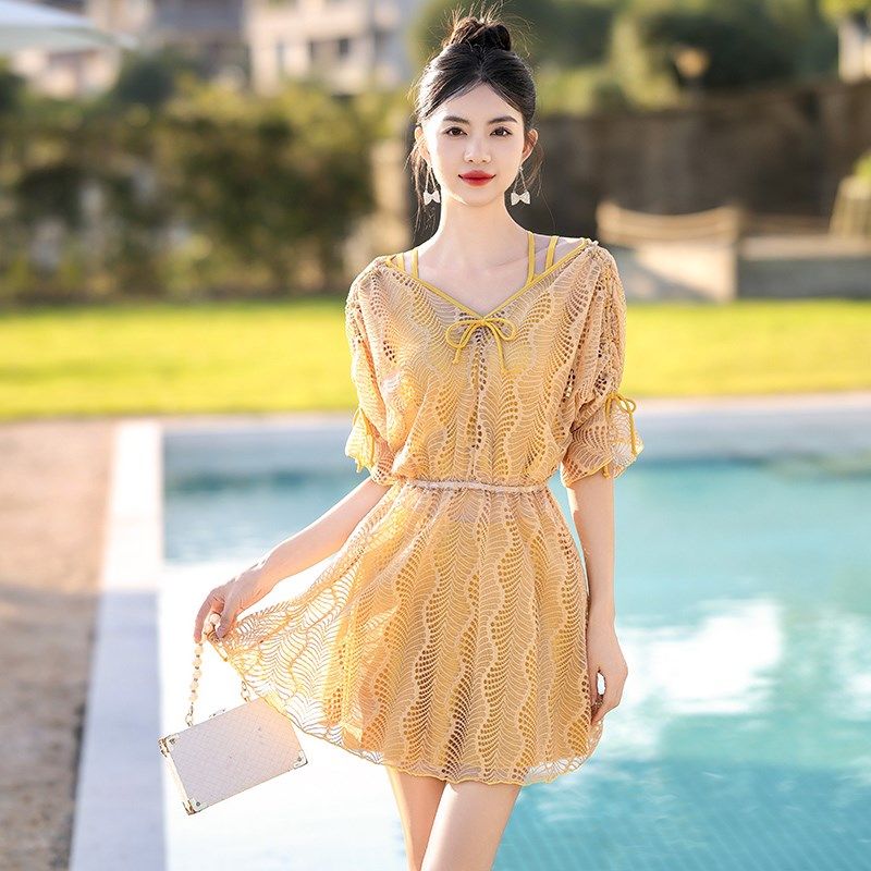 泳衣女泡温泉冬天分体裙式平角裤微胖女士大码高R级感三件套带罩