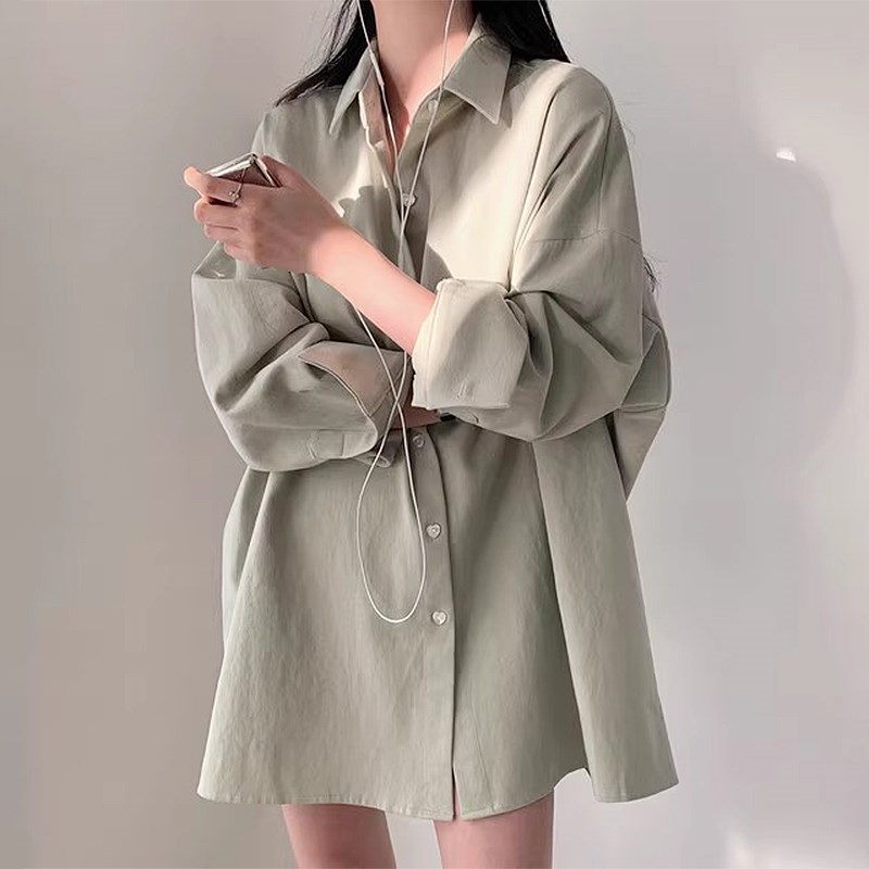 韩国chic夏季j设计感小众POLO领单排桃心纽扣宽松长款纯色长袖衬