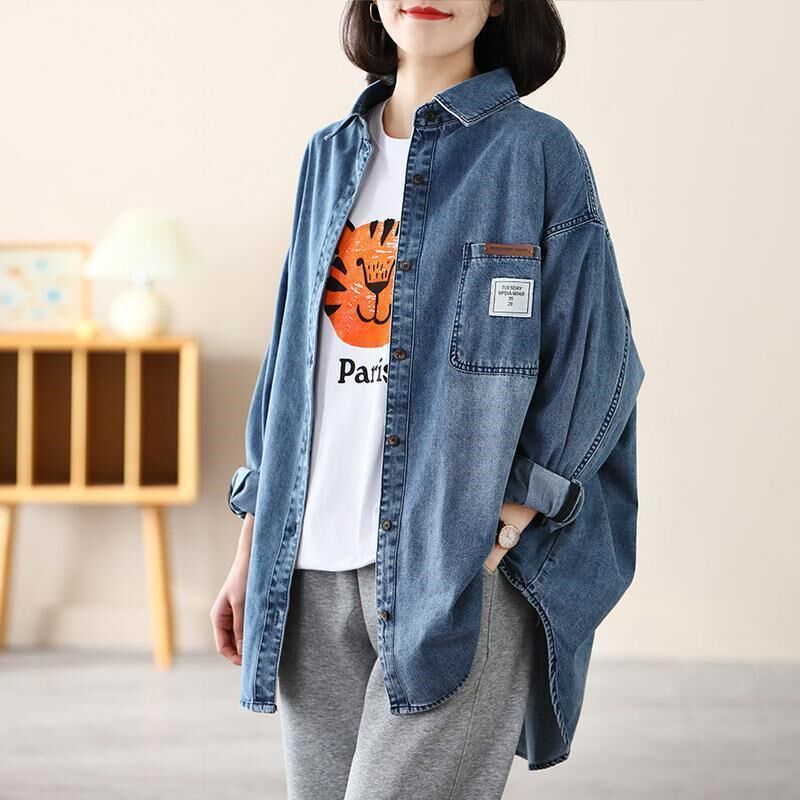 大妈装牛仔衬衫女l外穿春秋款新款百搭大码宽松中长款牛仔衬衣女
