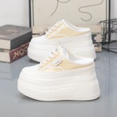 超高跟11cm包头半拖鞋 女外穿网面厚底内增高11QCM休闲懒人鞋 无后