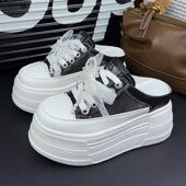 包头半拖鞋 透气网面凉拖8cm厚底内增高小白鞋 女夏季 外穿202u5新款