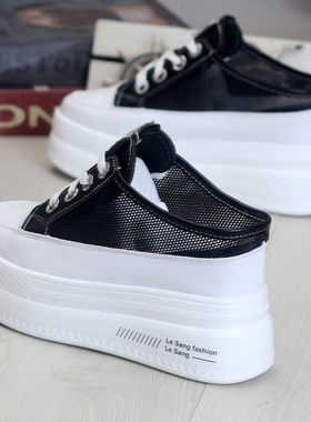 2021夏c季透气小白鞋女半拖鞋女厚底内增高显瘦10CM无后跟懒人鞋