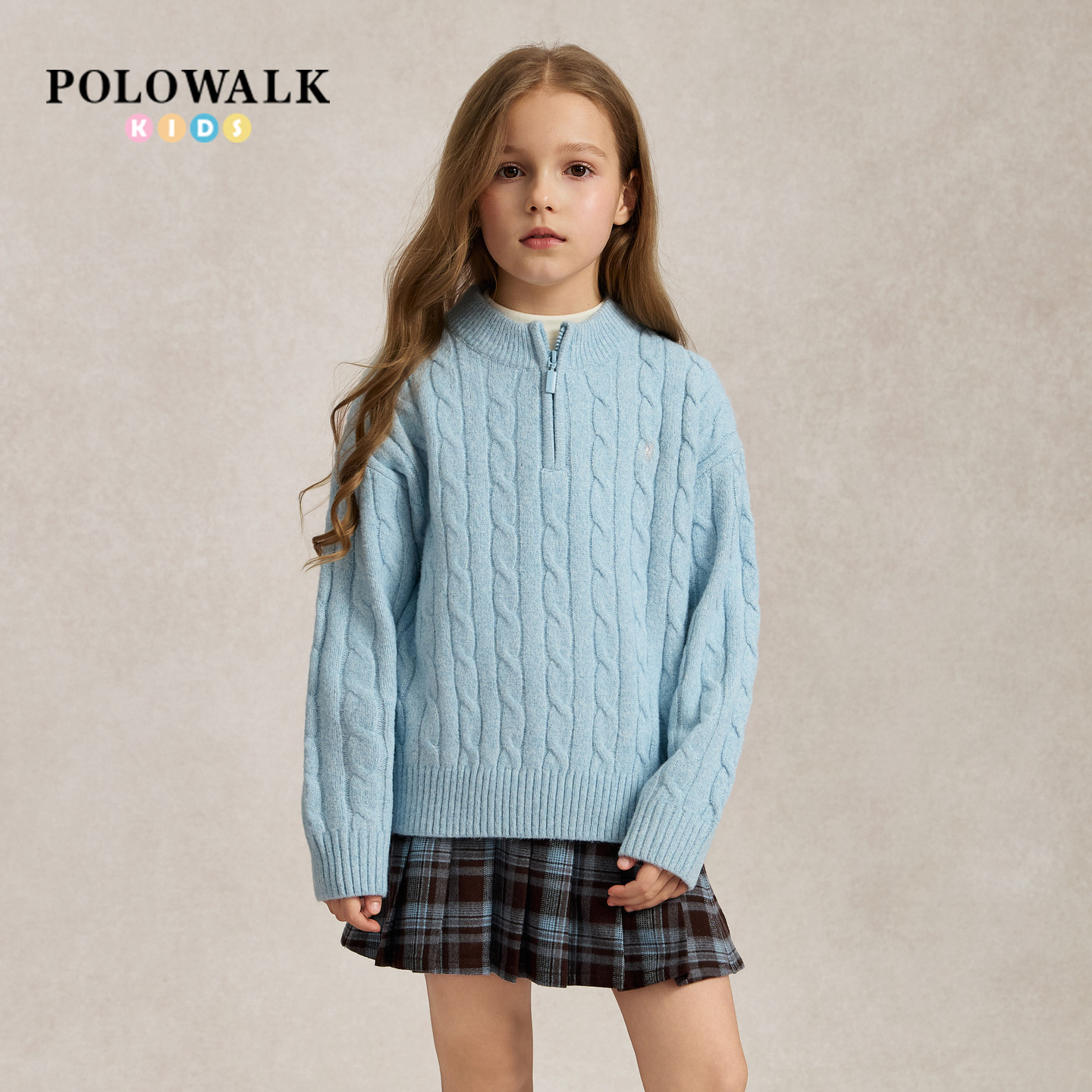 POLOWALK2026秋季新品女童蓝色麻花纹针织衫半拉链学院风毛衣
