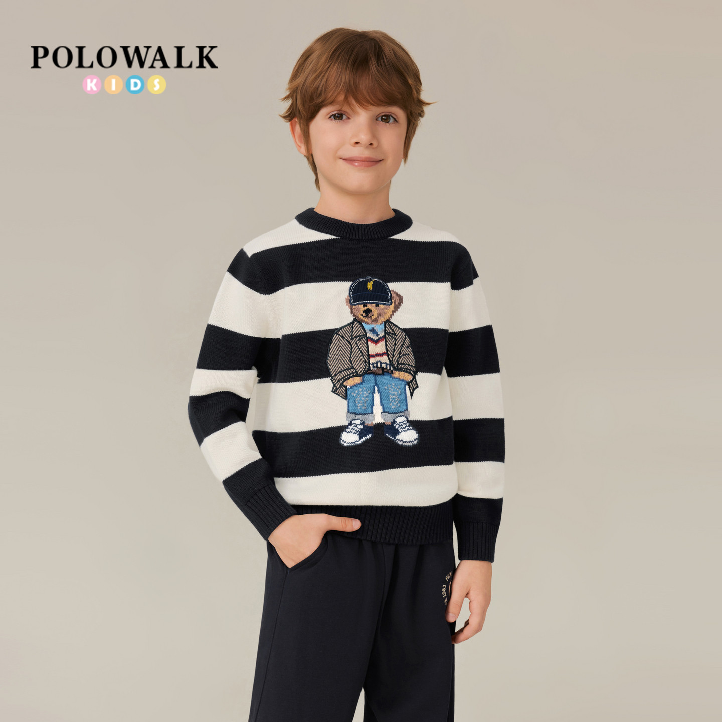 POLOWALK奥莱童装保罗圆领条纹绣花小熊百搭时尚外套复古