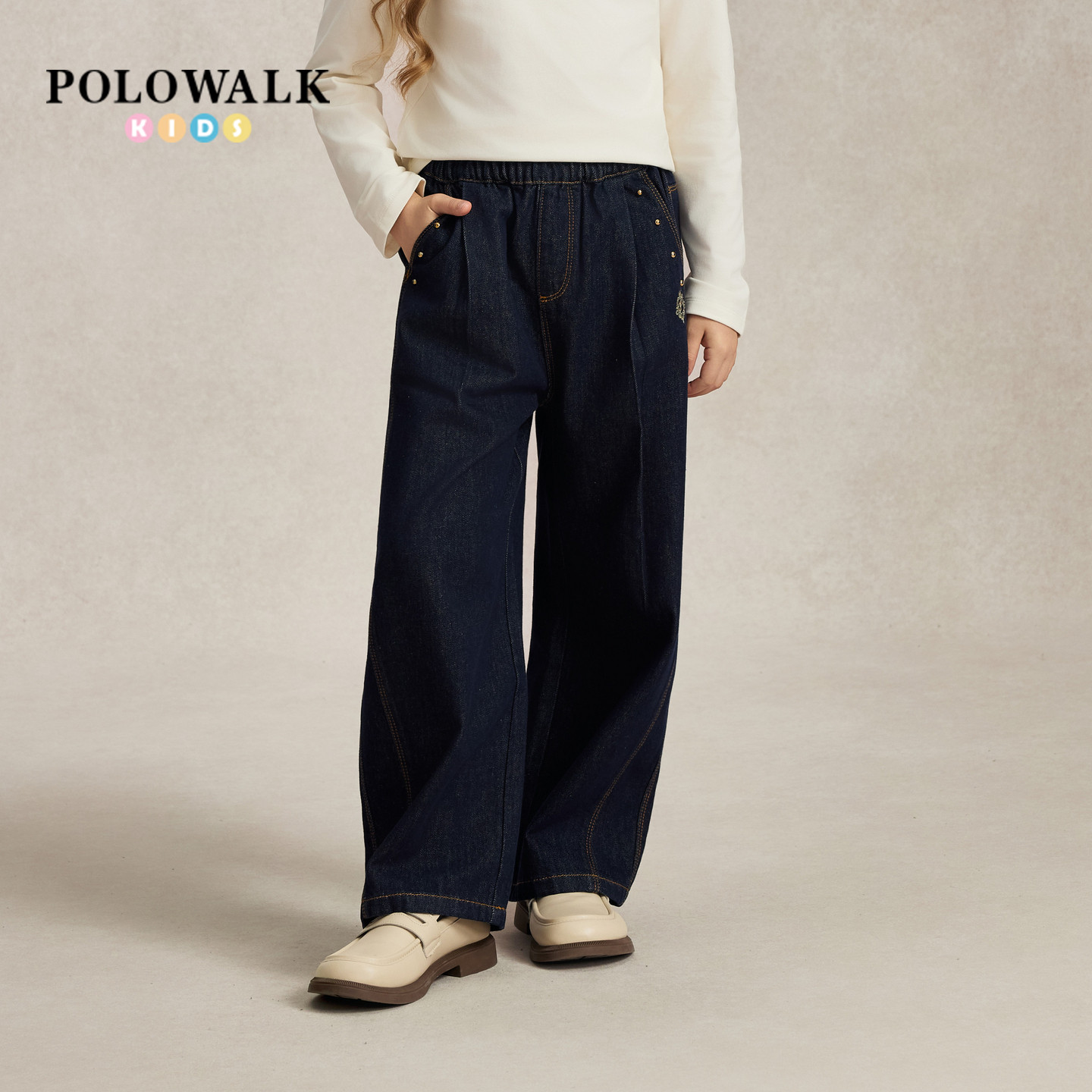 POLOWALK童装女童牛仔裤2026秋季新品阔脚印花刺绣松紧腰长裤图片