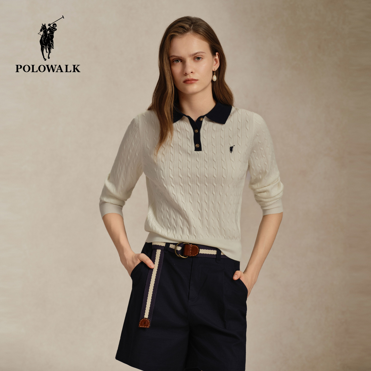 POLOWALK女撞色翻领长袖针织衫