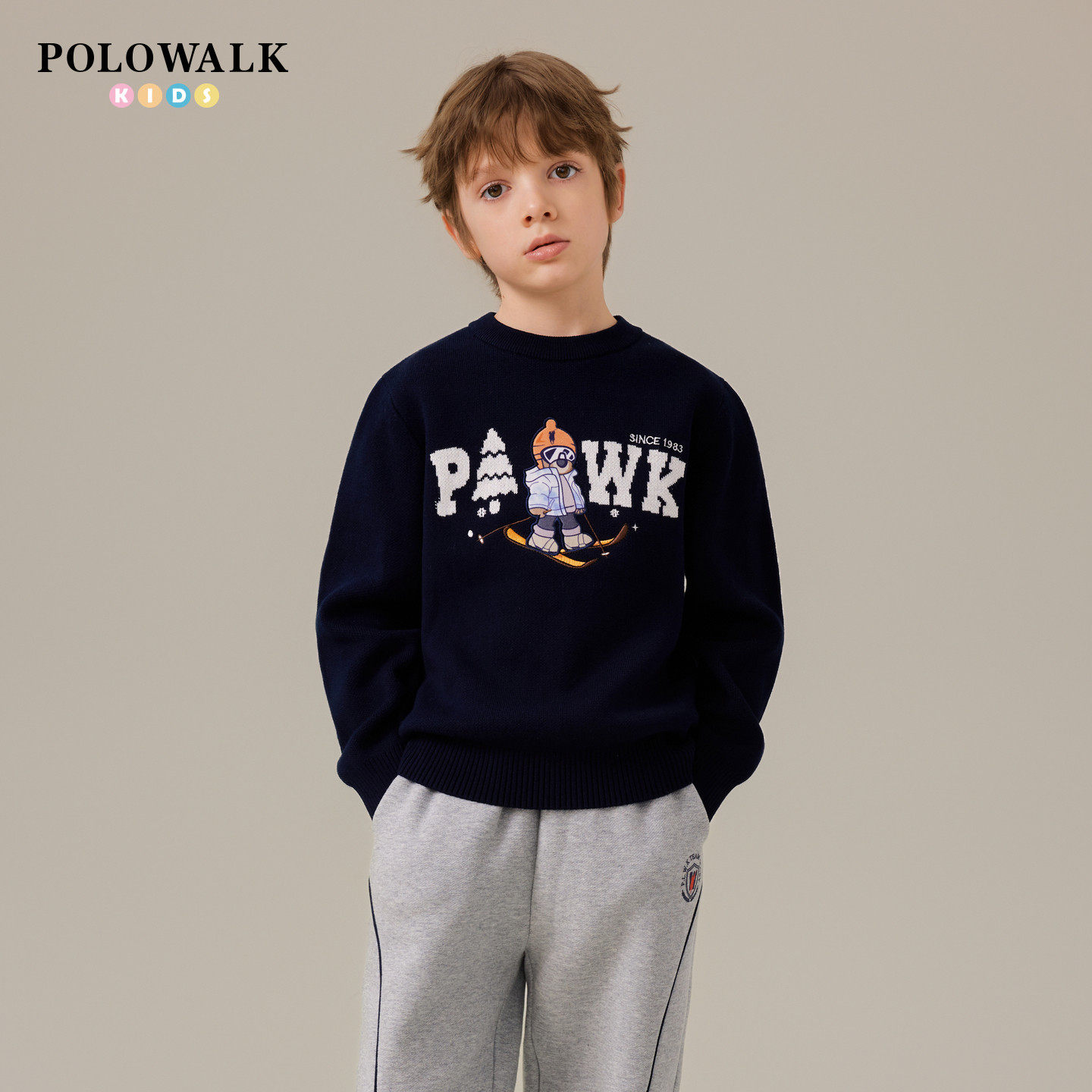 POLOWALK美式字母印花圆领毛衣男童针织衫休闲秋冬刺绣中大童男孩