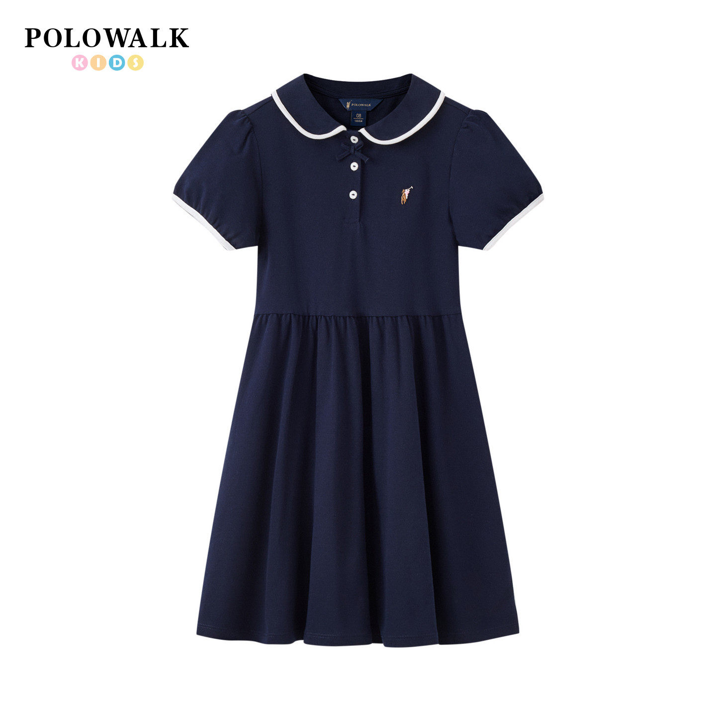 POLOWALK童装奥莱夏季女童翻领撞色翻领短袖连衣裙甜美学院风长裙