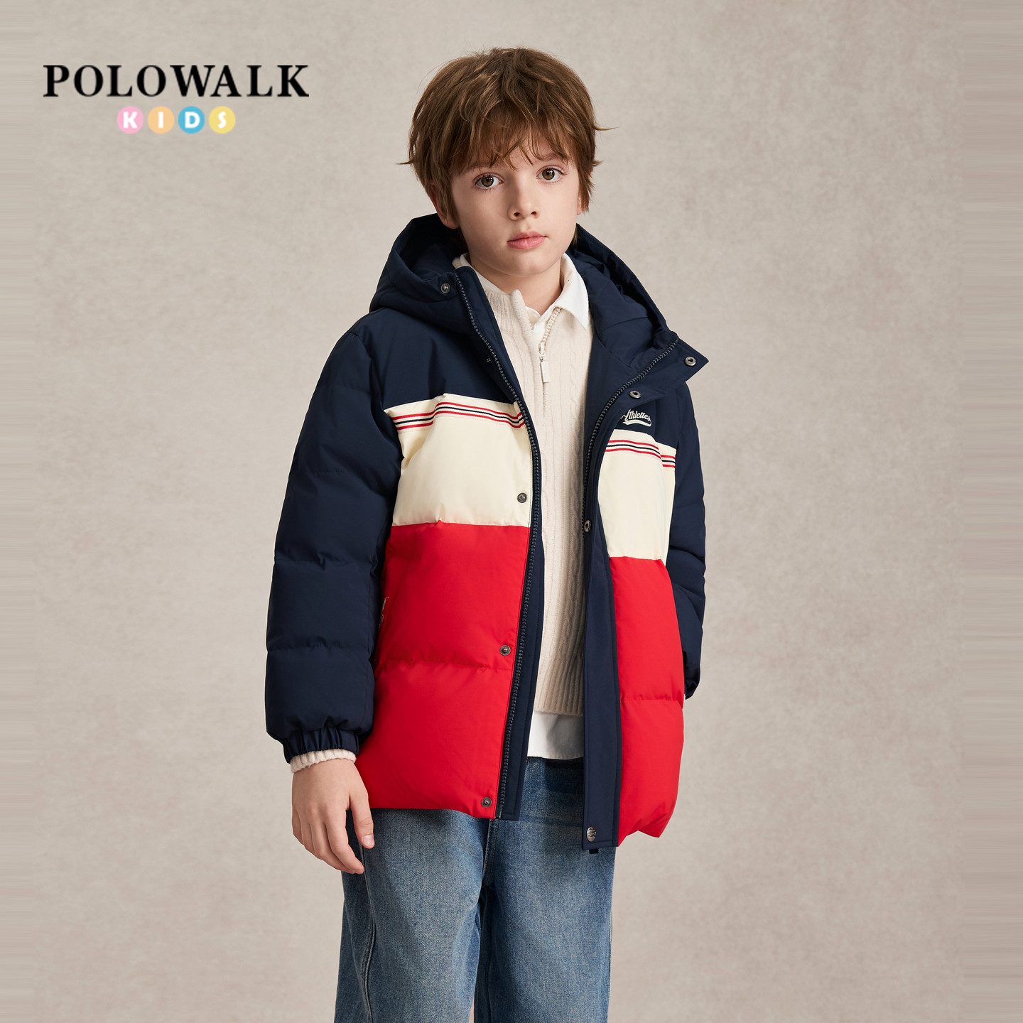 POLOWALK奥莱童装冬季新品男童羽绒服中长款连帽拼接撞色保暖外套
