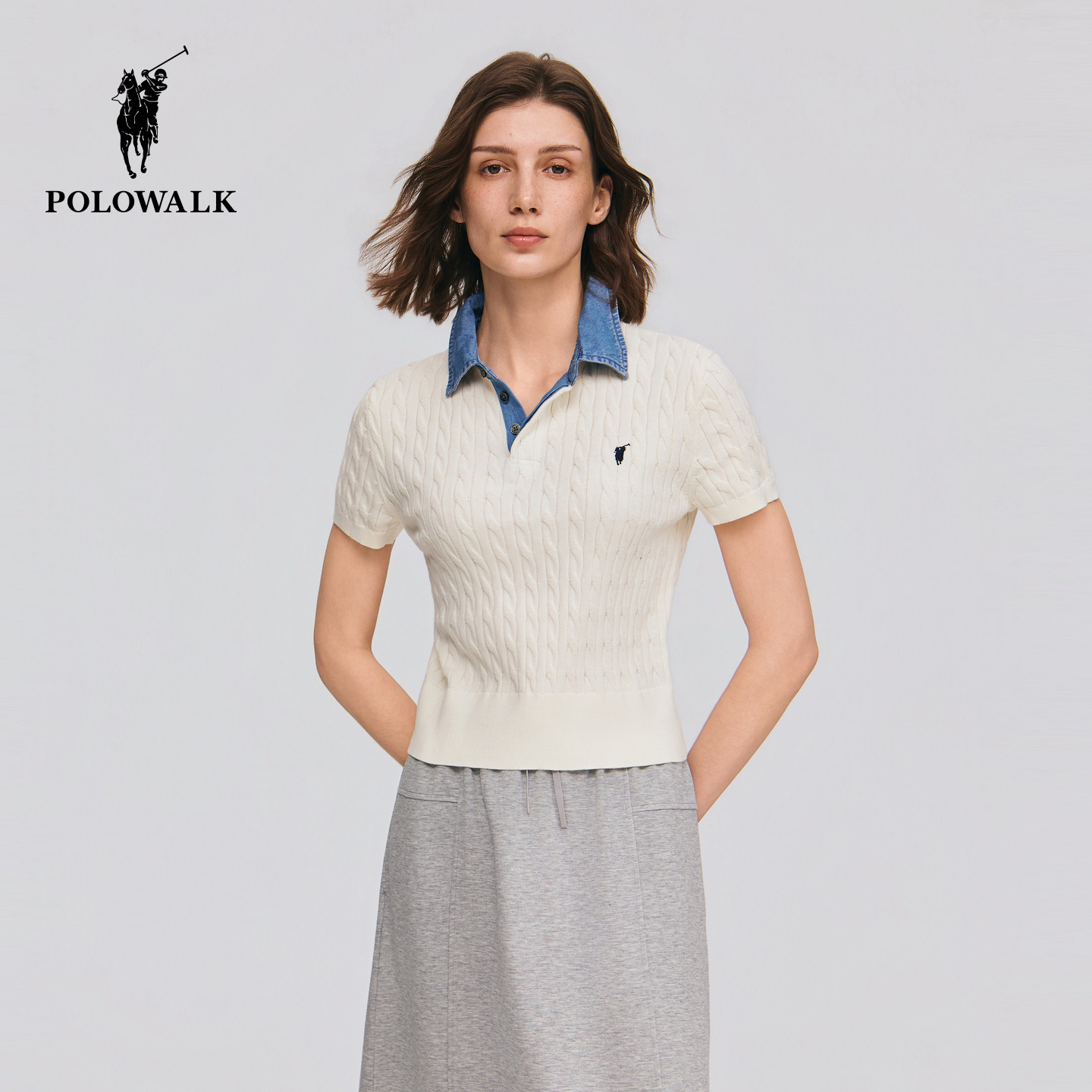 POLOWALK女式短袖针织衫2026夏季新品时尚撞色牛仔翻领绞花针织衫