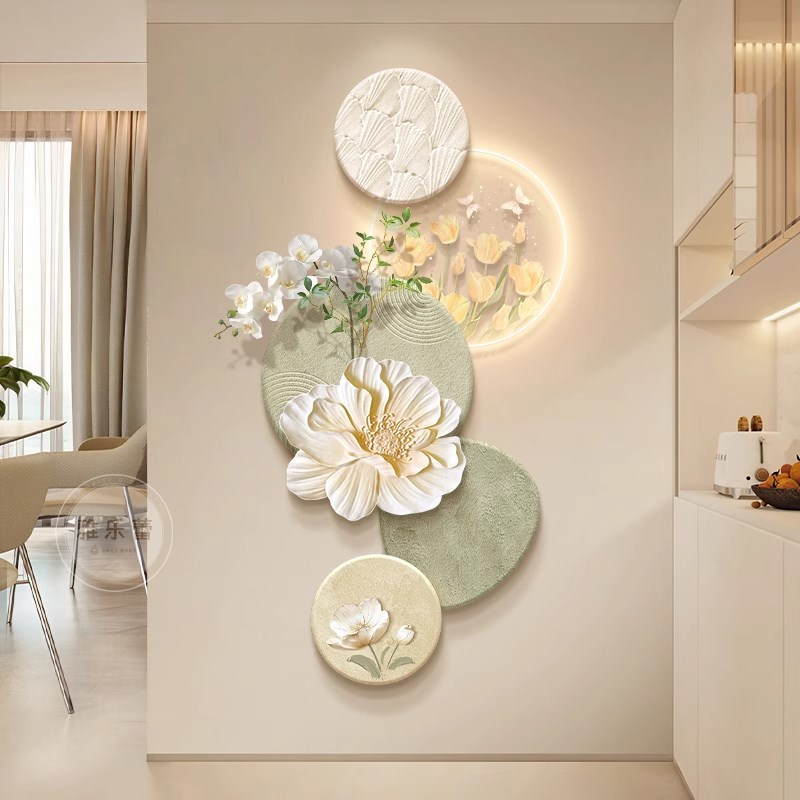 奶油风玄关装饰画创意花卉蝴蝶走廊过道挂画高级感立体砂岩壁画灯图片