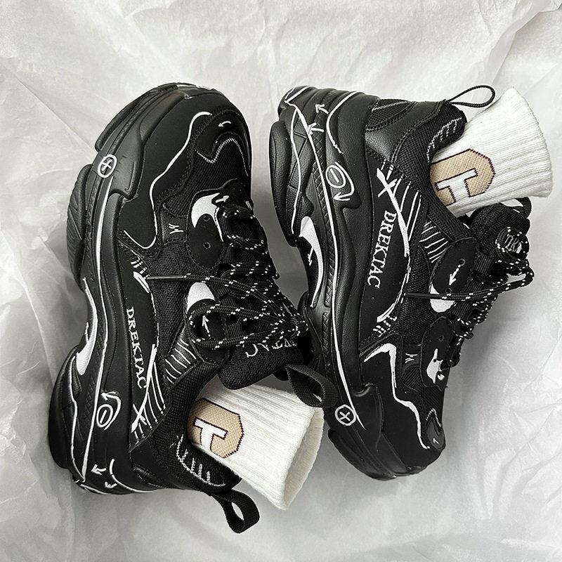 新品黑色老爹鞋男款港风厚底ins网红爆款潮流男鞋小黑鞋休闲运动