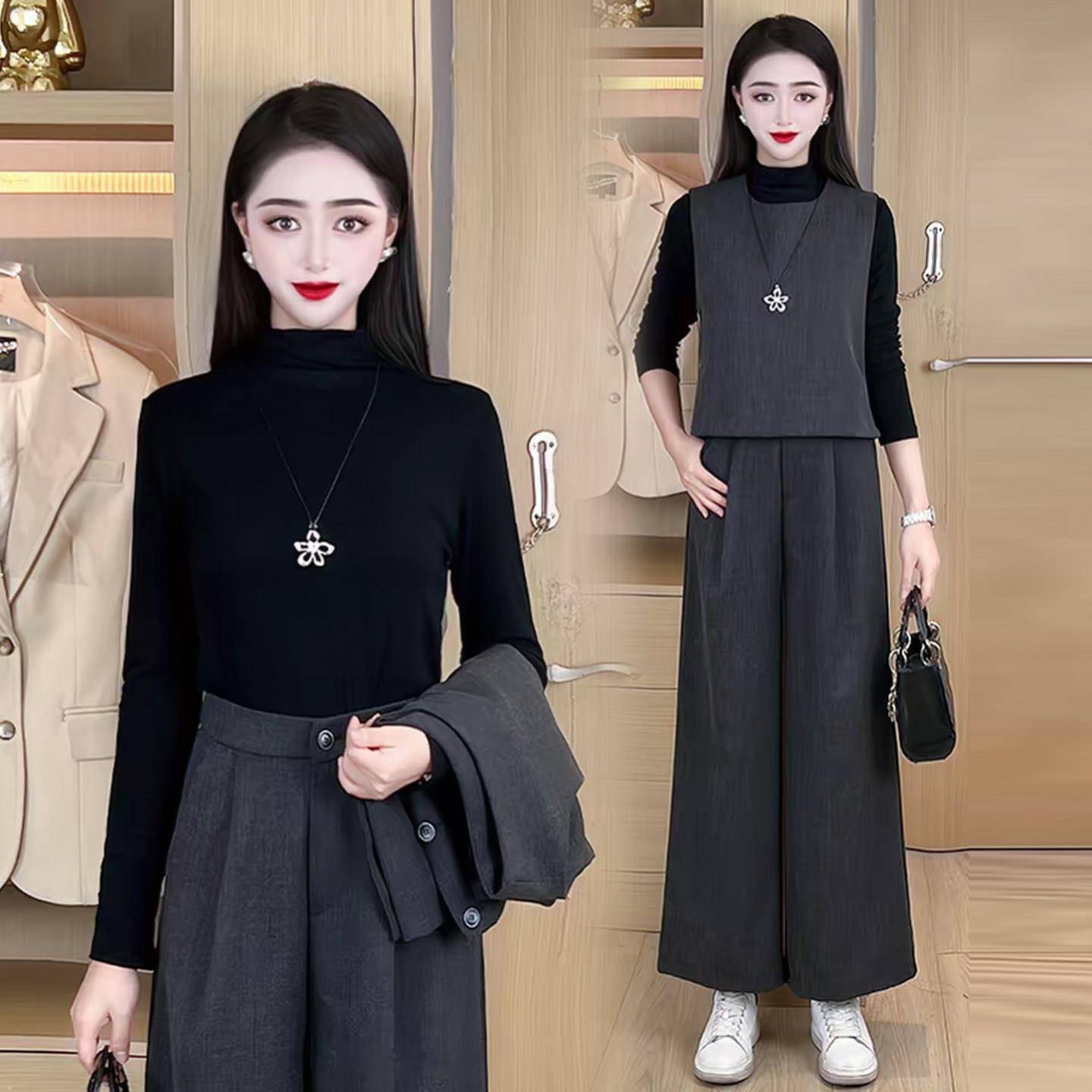 新品时尚套装女2026秋季新款洋气显瘦马甲背心打底衫阔腿裙裤三件