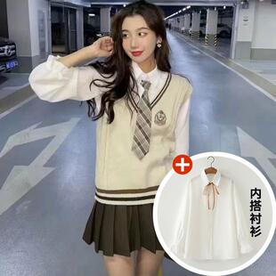 新品初中生女秋装学生少女学院风针织衫V领马甲背心JK毛衣外套马