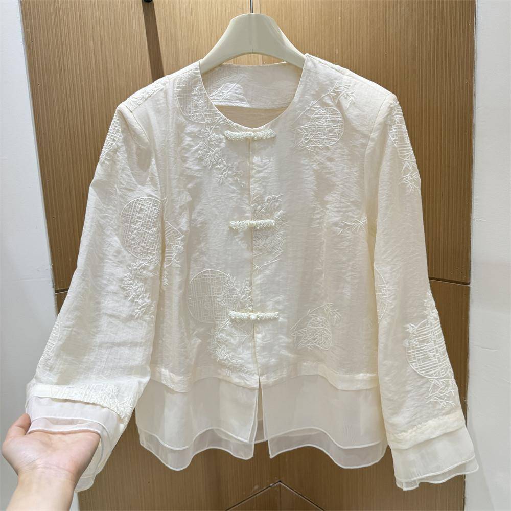 新品新中式国风重工刺绣衬衫外套女春秋设计感欧根纱拼接圆领盘扣