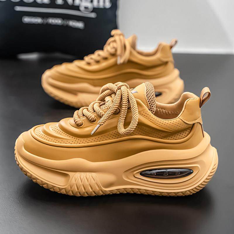 新品潮牌男鞋夏季潮流百搭小众高级面包老爹鞋黑色皮面防水休闲运