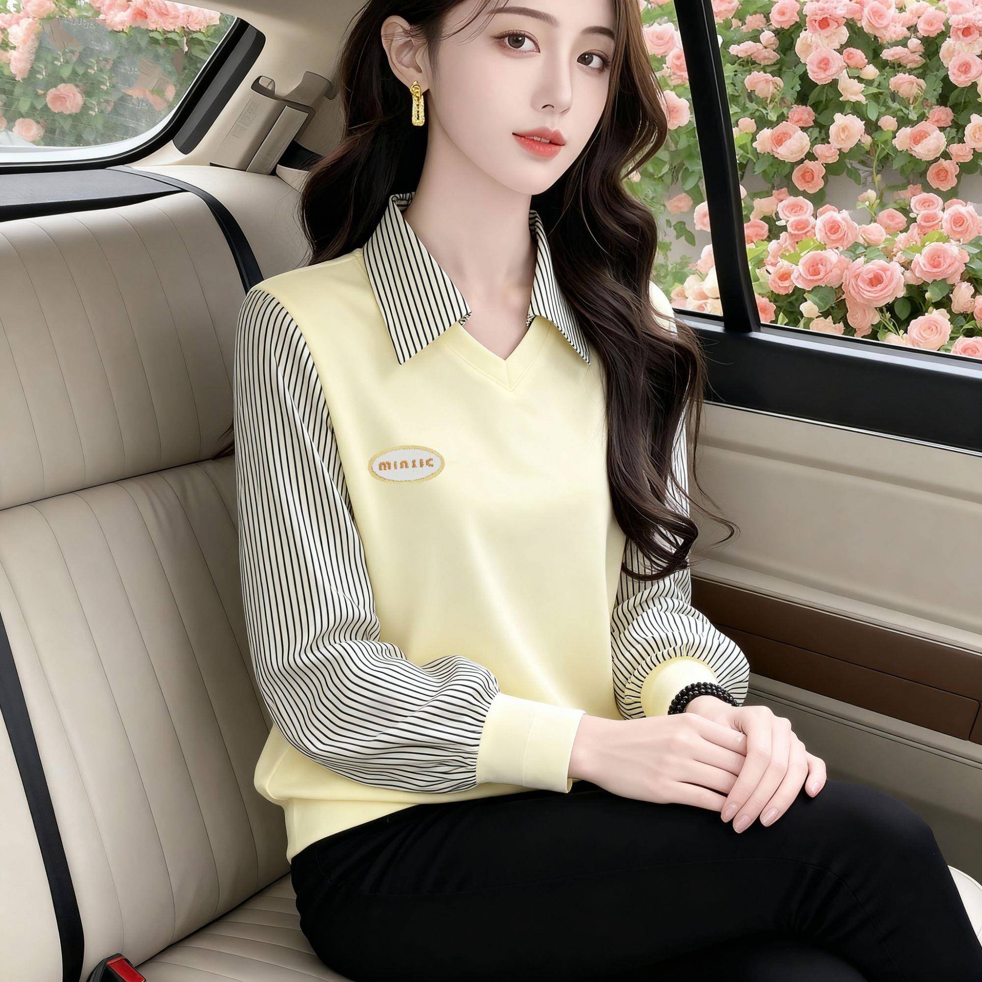 新品2026早秋新款假两件拼接卫衣女装百搭薄款秋衣宽松POLO领长袖